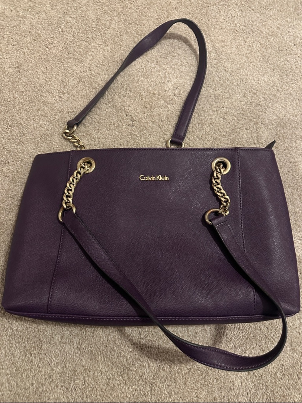 Calvin Klein Deep Purple Shoulder Tote with Gold Chain Accents